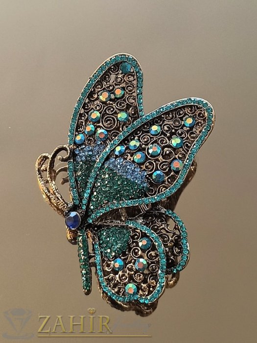 Дамски бижута - Изключително красива пеперуда със сини, зелени и хамелеон камъни на брошка и висулка за колие, златиста основа, размери 8 на 5 см- B1383